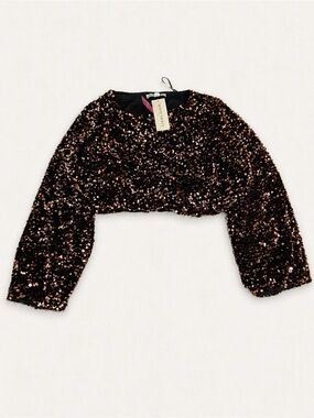 Cropped Sequin Long-Sleeve Top - Bronze and Black